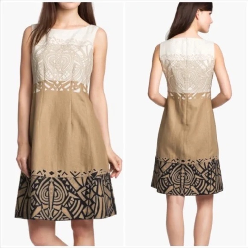 Lafayette 148 New York 100% Linen dress embroidered in cream, white, tan & black